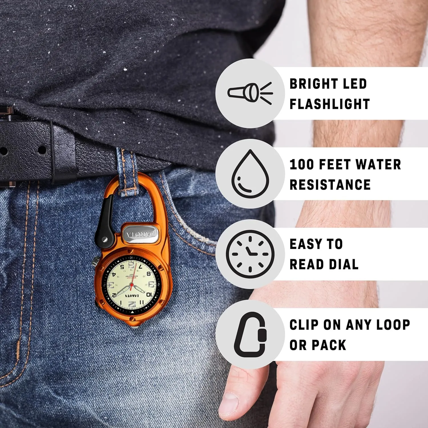 Dakota Mini Clip Microlight, Quality Pocket and Fob Watch, Premium Durability Outdoor Gifts for Men, Use for Fishing Hunting, and More, LED Flashlight, Clip on Watch