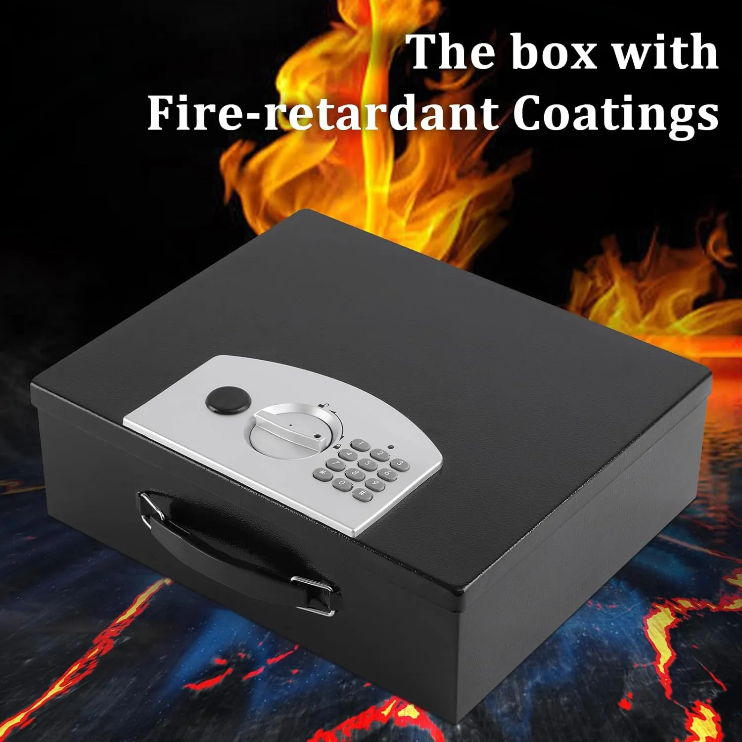 Dalmbox Portable Metal Safe Box with Digital Code Lock,Fire Resistant Storage for Documents, Fireproof Safe Box, Car, Home, Office and Outside, Black Box