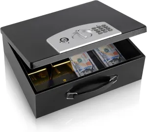 Dalmbox Portable Metal Safe Box with Digital Code Lock,Fire Resistant Storage for Documents, Fireproof Safe Box, Car, Home, Office and Outside, Black Box