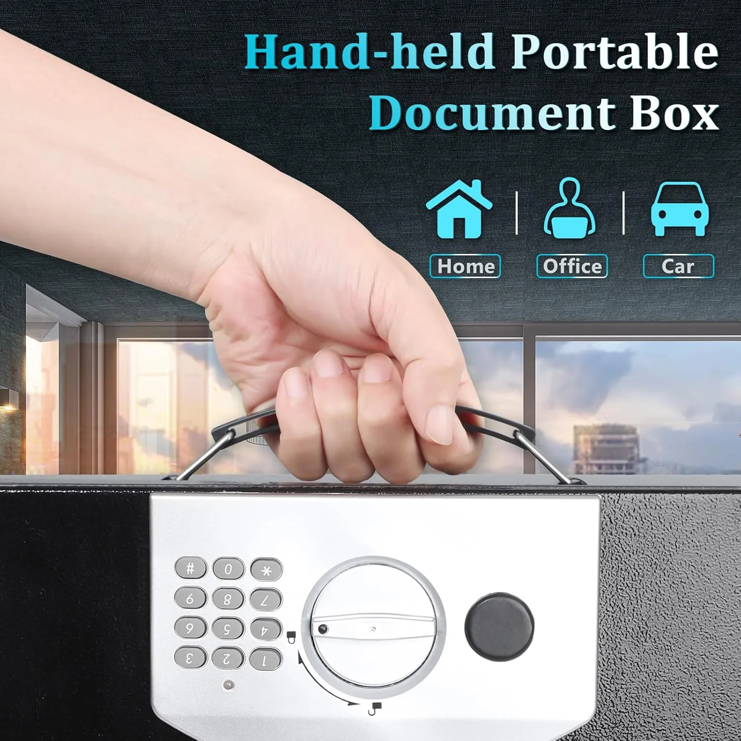 Dalmbox Portable Metal Safe Box with Digital Code Lock,Fire Resistant Storage for Documents, Fireproof Safe Box, Car, Home, Office and Outside, Black Box