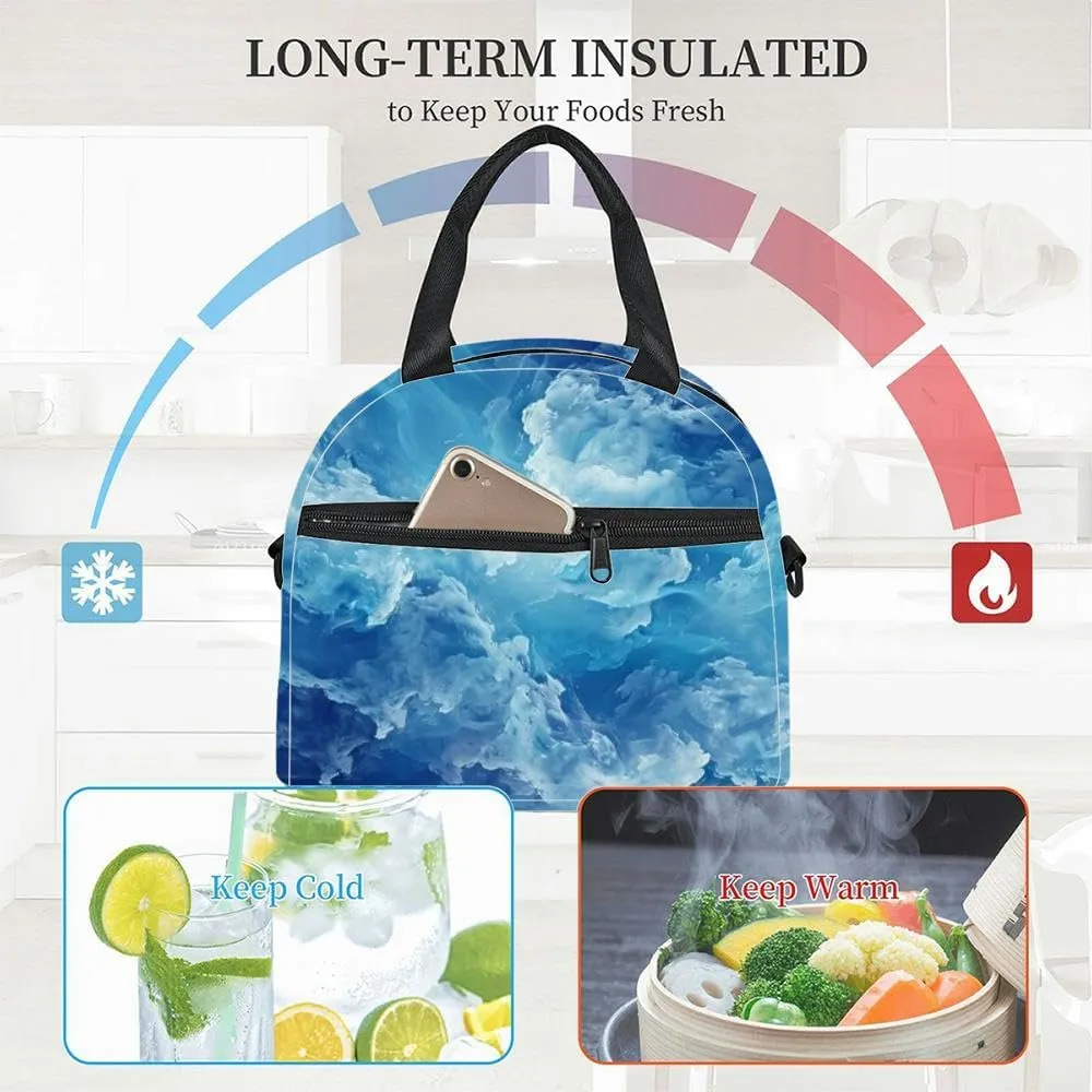 depicting a blue turbulent cloudy sky the style impressionist Insulated Adult Lunch Bag with Shoulder Strap for Women Lightweight Reusable Portable Freezable Lunch Tote Bag for Work Picnic