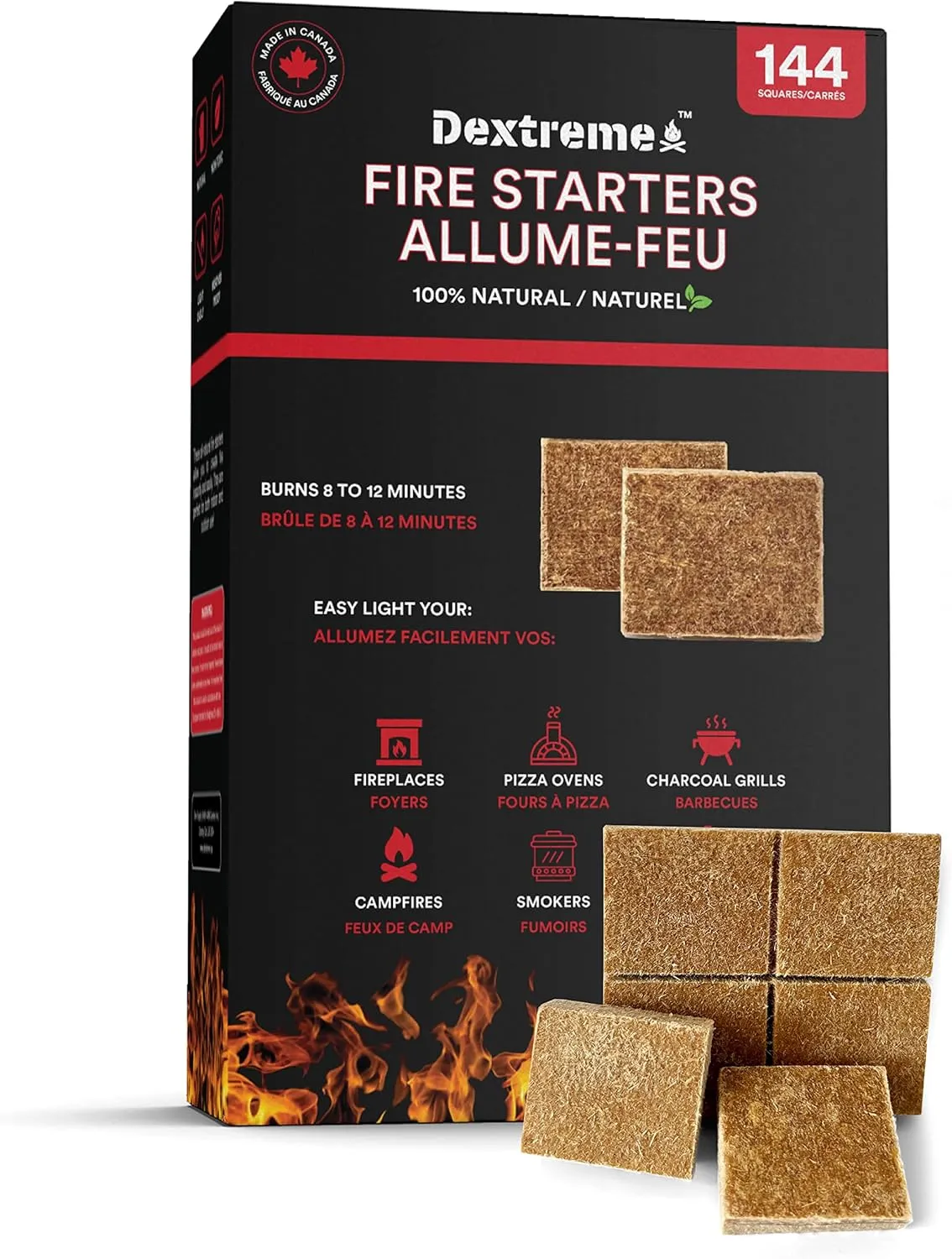 Dextreme Fire Starter Pack of 144/48 Natural Fire Starters Cubes for Campfires, Charcoal, BBQ, Grill Pit, Fireplace, Wood Stoves, Smokers and Camping - Easy to Ignite and Non Toxic… (144 Squares)