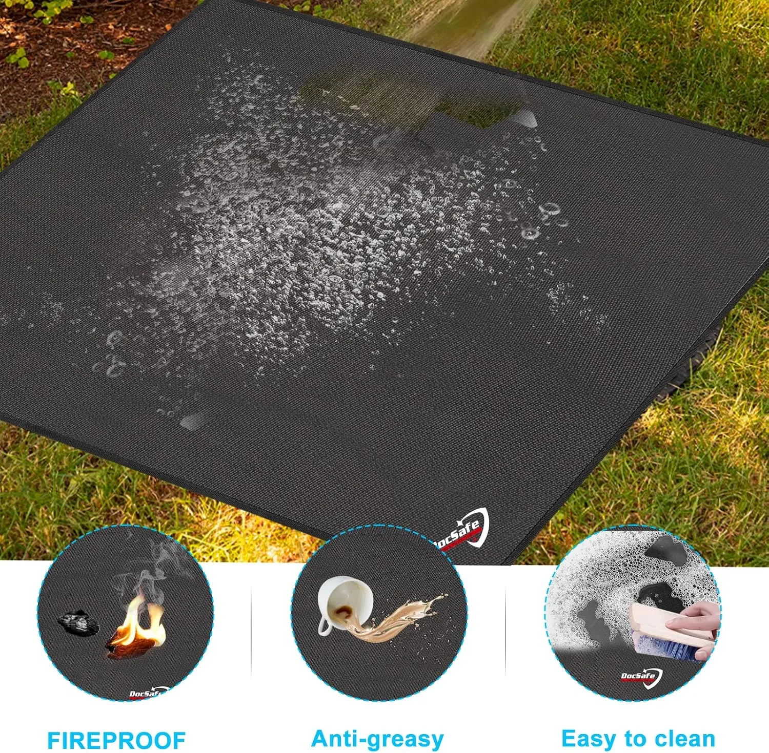 DocSafe Large Under Grill Mat 48" Square Fire Pit Mat,4 Layers Fireproof Grill Pads Protect for Deck,Patio,Outdoor Charcoal,Smokers,Wood Floor,Indoor Fireplace,Reusable Oil-Proof＆Waterproof,Black