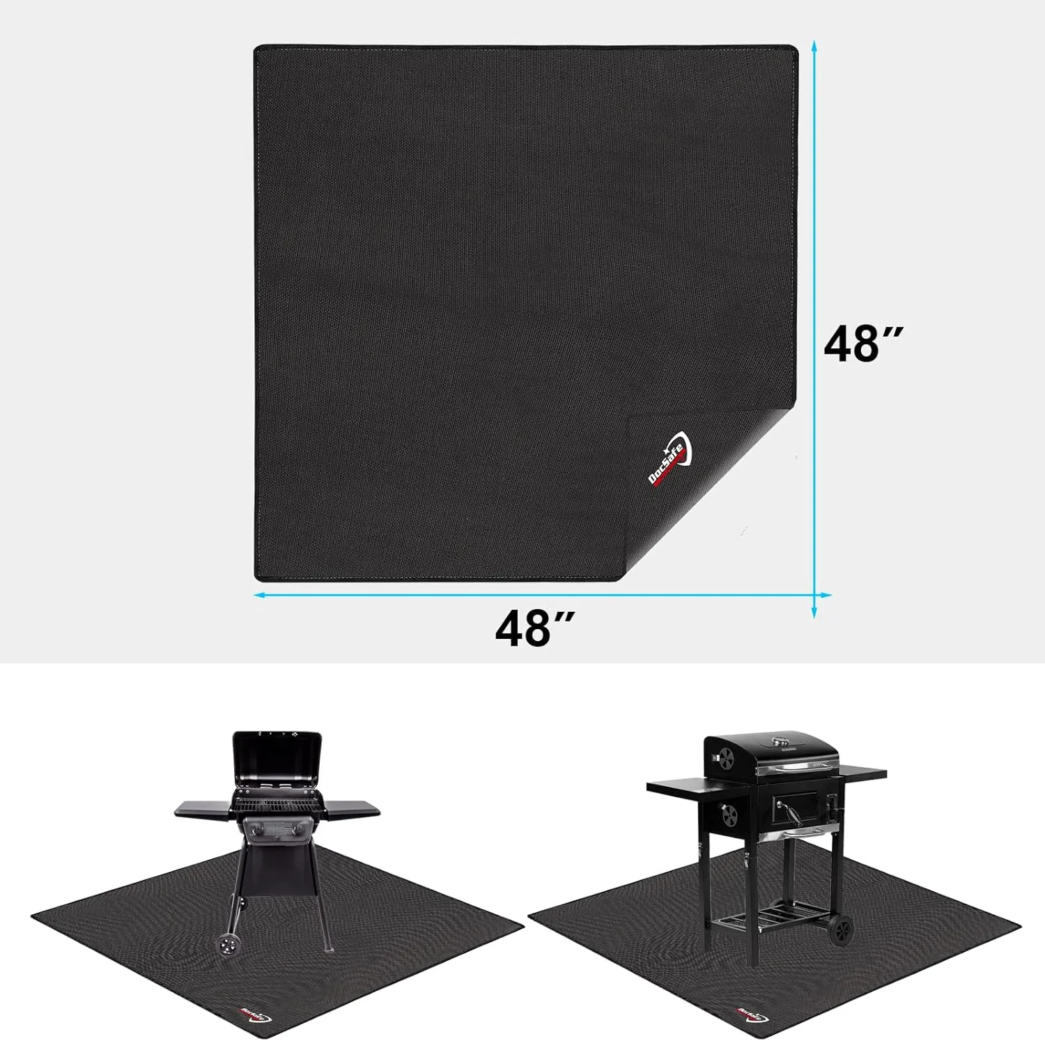 DocSafe Large Under Grill Mat 48" Square Fire Pit Mat,4 Layers Fireproof Grill Pads Protect for Deck,Patio,Outdoor Charcoal,Smokers,Wood Floor,Indoor Fireplace,Reusable Oil-Proof＆Waterproof,Black