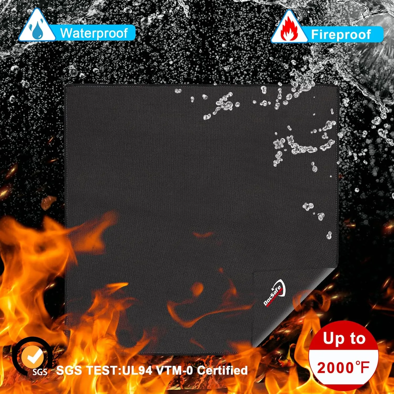 DocSafe Large Under Grill Mat 48" Square Fire Pit Mat,4 Layers Fireproof Grill Pads Protect for Deck,Patio,Outdoor Charcoal,Smokers,Wood Floor,Indoor Fireplace,Reusable Oil-Proof＆Waterproof,Black