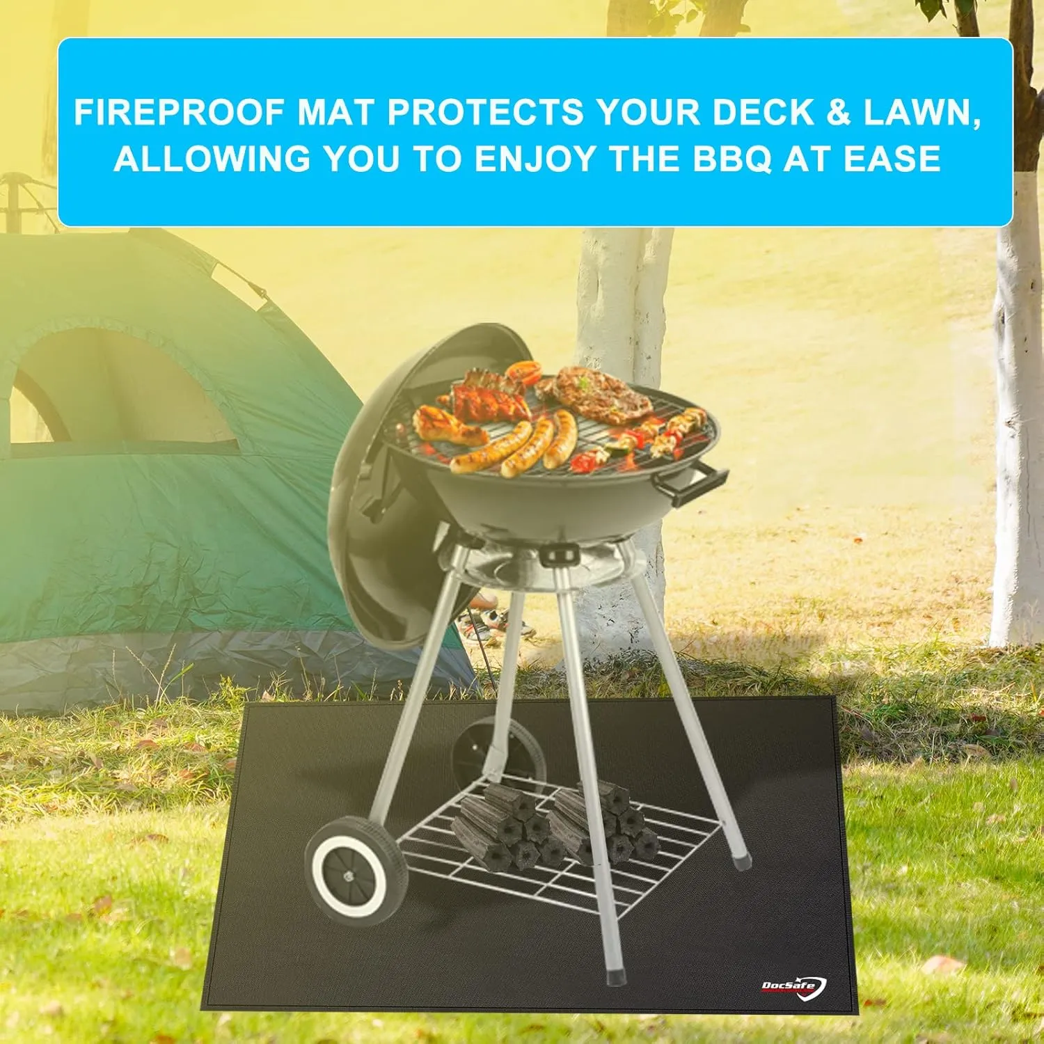 DocSafe Large Under Grill Mat 48" Square Fire Pit Mat,4 Layers Fireproof Grill Pads Protect for Deck,Patio,Outdoor Charcoal,Smokers,Wood Floor,Indoor Fireplace,Reusable Oil-Proof＆Waterproof,Black