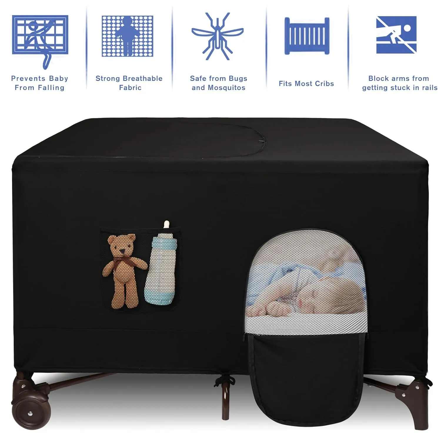 Dofilachy Blackout Cover for Pack N Play - Crib Blackout Cover Tent - Canopy Cover - Breathable Travel Crib Tent - Portable Stretchy Blackout Tent(Pocket)
