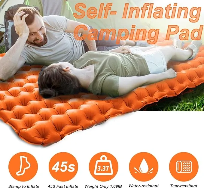 Double Sleeping Pad for Camping 4" Extra-Thick Camping Mat for 2 Person with Pillow Built-in Foot Pump, Ultralight Portable Inflatable Sleeping Mat for Backpacking Hiking Traveling(Orange)