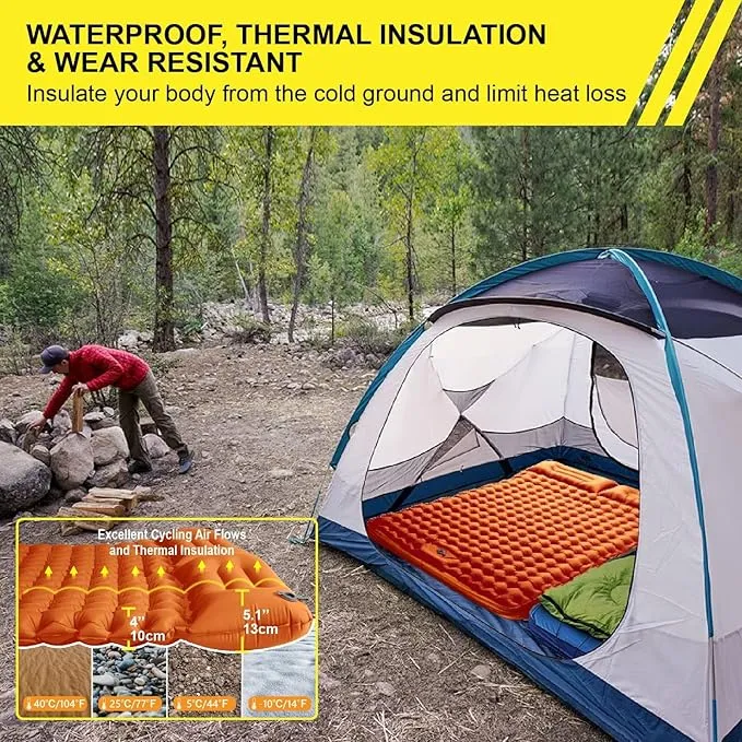 Double Sleeping Pad for Camping 4" Extra-Thick Camping Mat for 2 Person with Pillow Built-in Foot Pump, Ultralight Portable Inflatable Sleeping Mat for Backpacking Hiking Traveling(Orange)