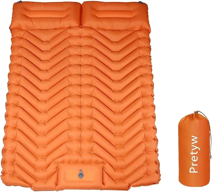 Double Sleeping Pad for Camping, Ultralight Camping Mattress with Pillow, Built-in Foot Pump, Thick Self-Inflatable 2-Person Portable Camping Mat for Backpacking Hiking Car Traveling Beach Tent