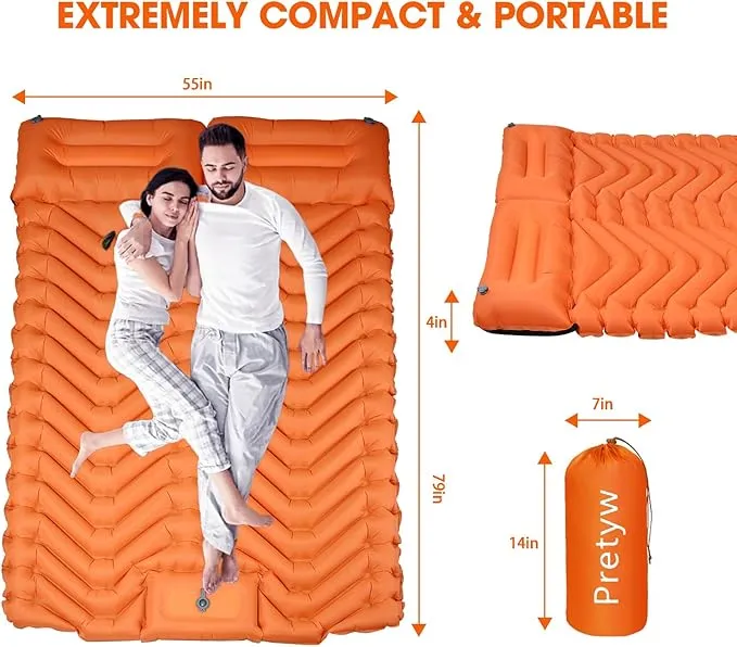 Double Sleeping Pad for Camping, Ultralight Camping Mattress with Pillow, Built-in Foot Pump, Thick Self-Inflatable 2-Person Portable Camping Mat for Backpacking Hiking Car Traveling Beach Tent