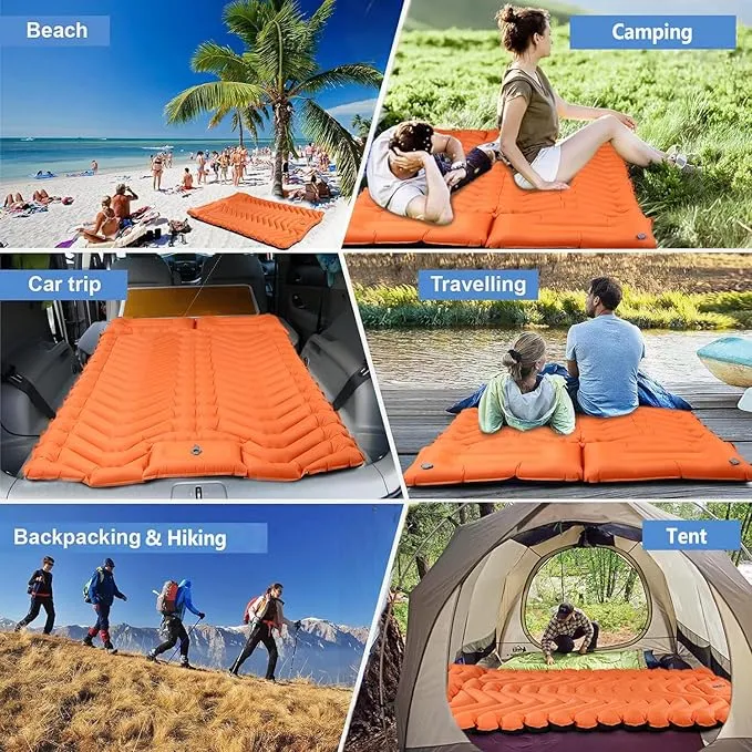 Double Sleeping Pad for Camping, Ultralight Camping Mattress with Pillow, Built-in Foot Pump, Thick Self-Inflatable 2-Person Portable Camping Mat for Backpacking Hiking Car Traveling Beach Tent