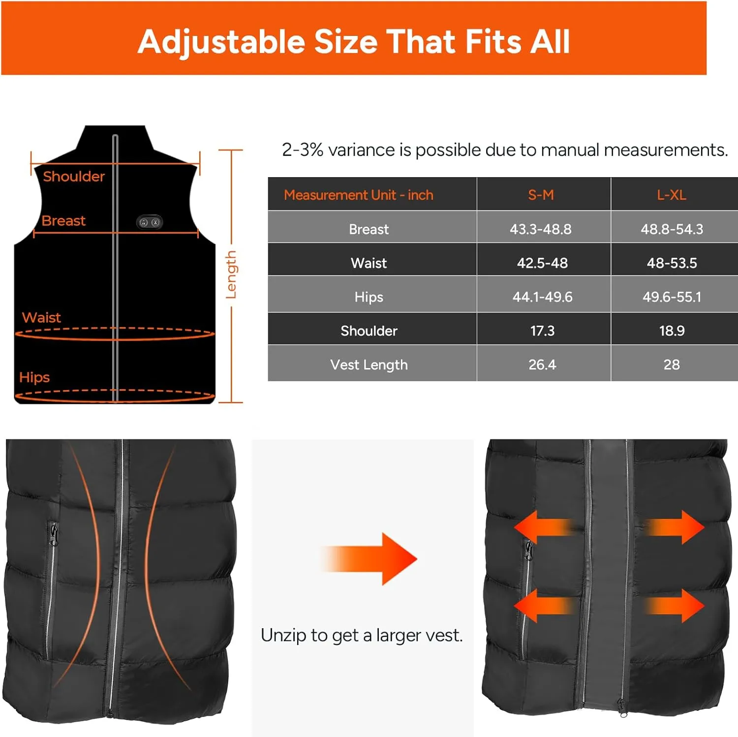 DR.PREPARE Heated Vest, Electric Heated Jacket for Men Women, Winter Heated Clothing with Heating Zones & 3 Heat Levels