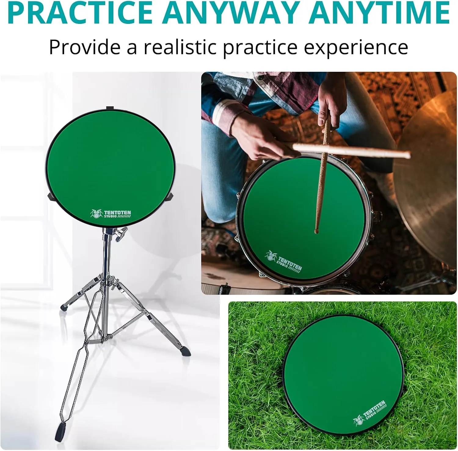 Drum Pad 12 Inch, Silent Drum Practice Pad 2-Sided Silicone Pad & EVA Mat, Portable Practice Drum Pad with Carry Bag, Green