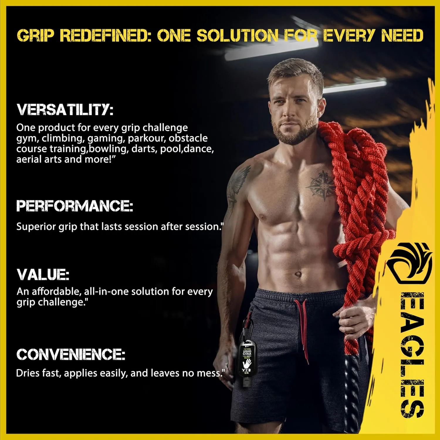 EAGLES Pro Grade Liquid Chalk 50, 120 or 280ml Mess-Free Chalk for Weightlifting, Gymnastics Rock Climbing, Dancing, Pole Grip, Sports & Workout Chalk - Sweat-Resistant and Long Lasting