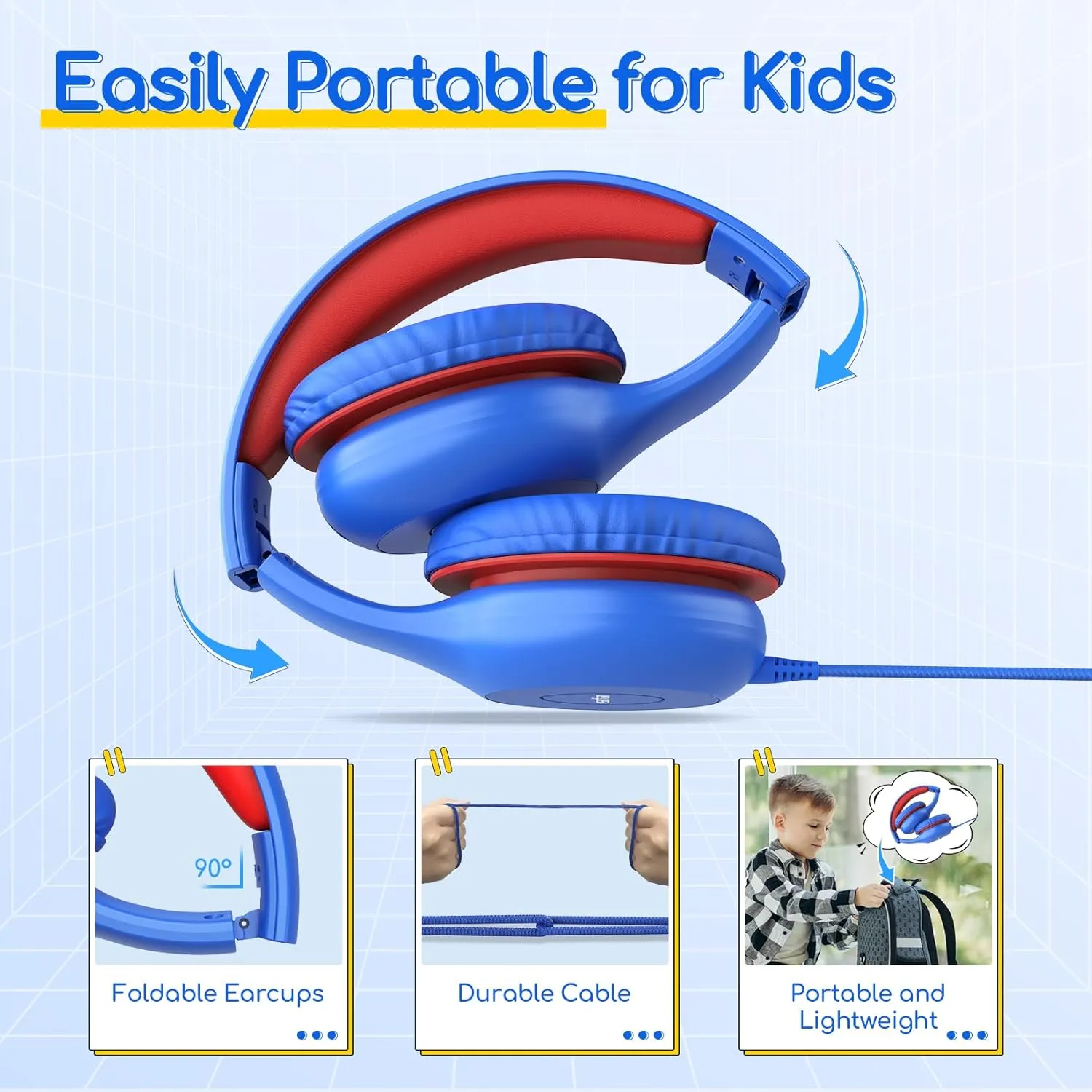 EarFun Kids Headphones Wired with Microphone, 85/94dB Volume Limit Headphones for Kids, Portable Wired Headphone with Shareport, Stereo Sound Foldable Headset for School/Tablet/PC/Kindle, Navy Red