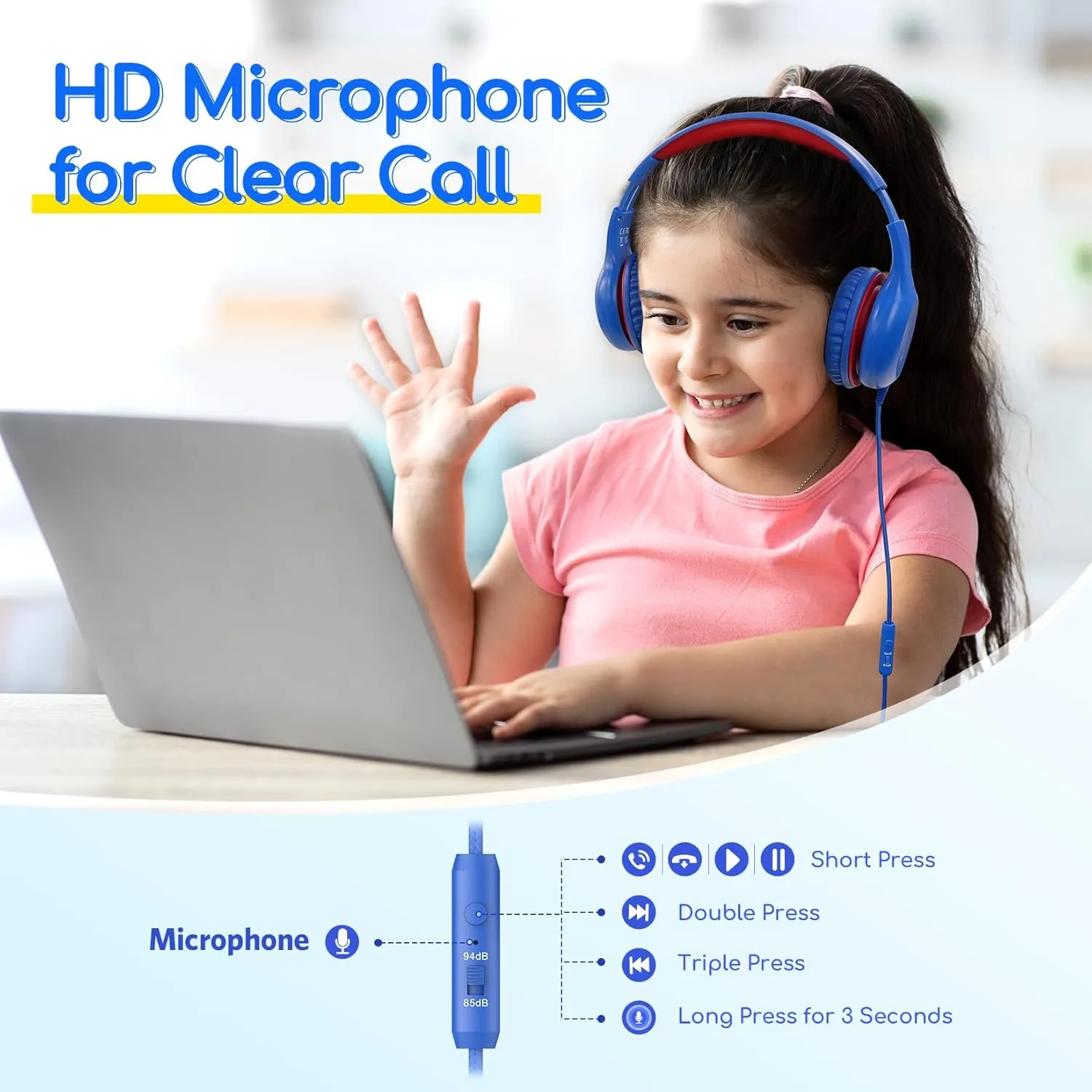 EarFun Kids Headphones Wired with Microphone, 85/94dB Volume Limit Headphones for Kids, Portable Wired Headphone with Shareport, Stereo Sound Foldable Headset for School/Tablet/PC/Kindle, Navy Red