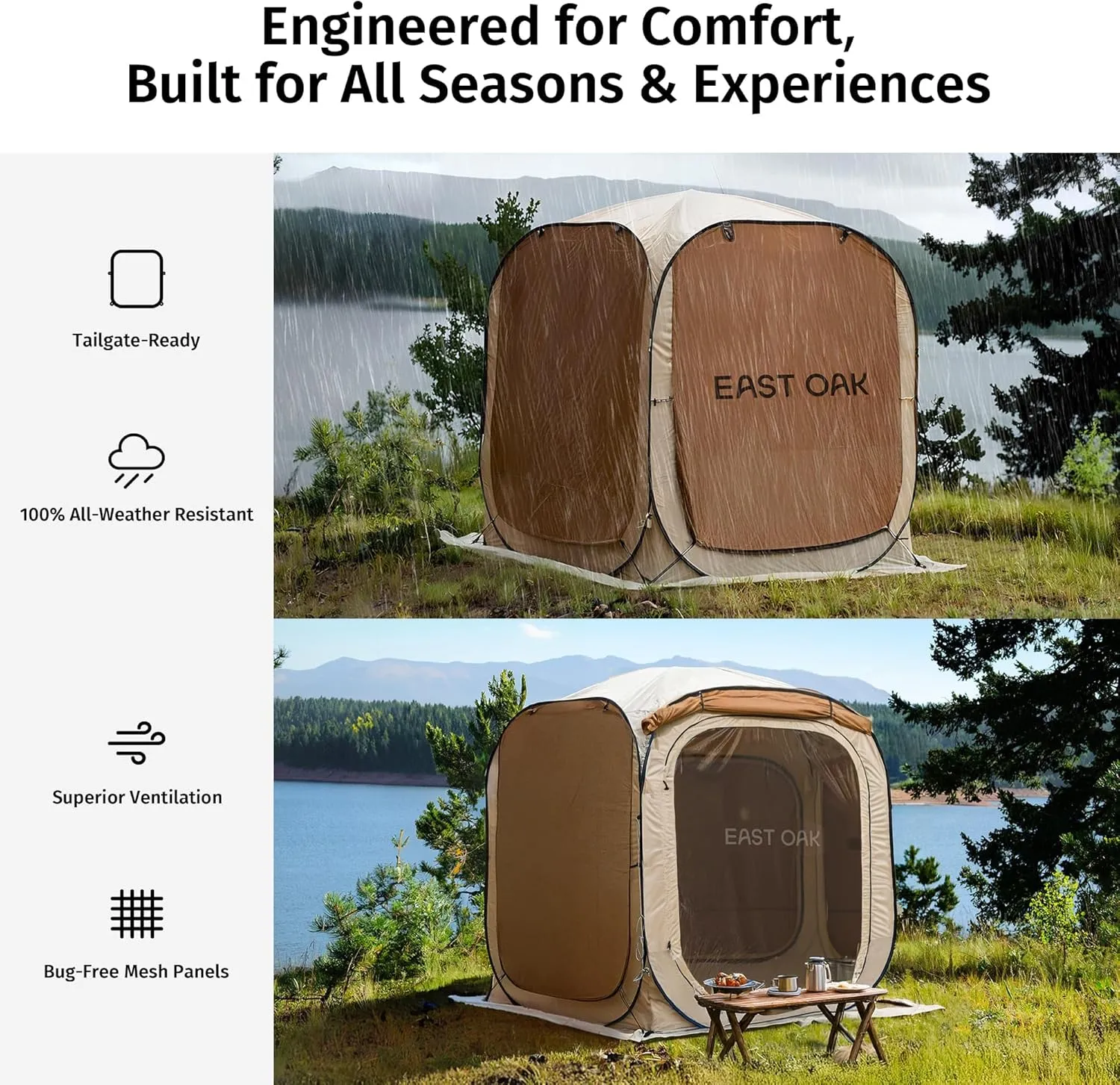 East Oak 6×6 FT Pop Up Canopy Tent with Mesh | Outdoor Screen House with 4 Sunshades | Instant Canopy with Portable Carry Bag | Gazebo Tent for Camping, Patio, and Beach | Beige