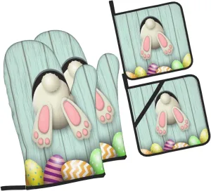 Easter Eggs Bunny Tail Oven Mitts and Pot Holders Sets Cute Rabbit Teal Heat Resistant Cooking Potholder Oven Gloves for Baking Grilling BBQ Mittens Non-Slip Kitchen Decor and Accessories Gift