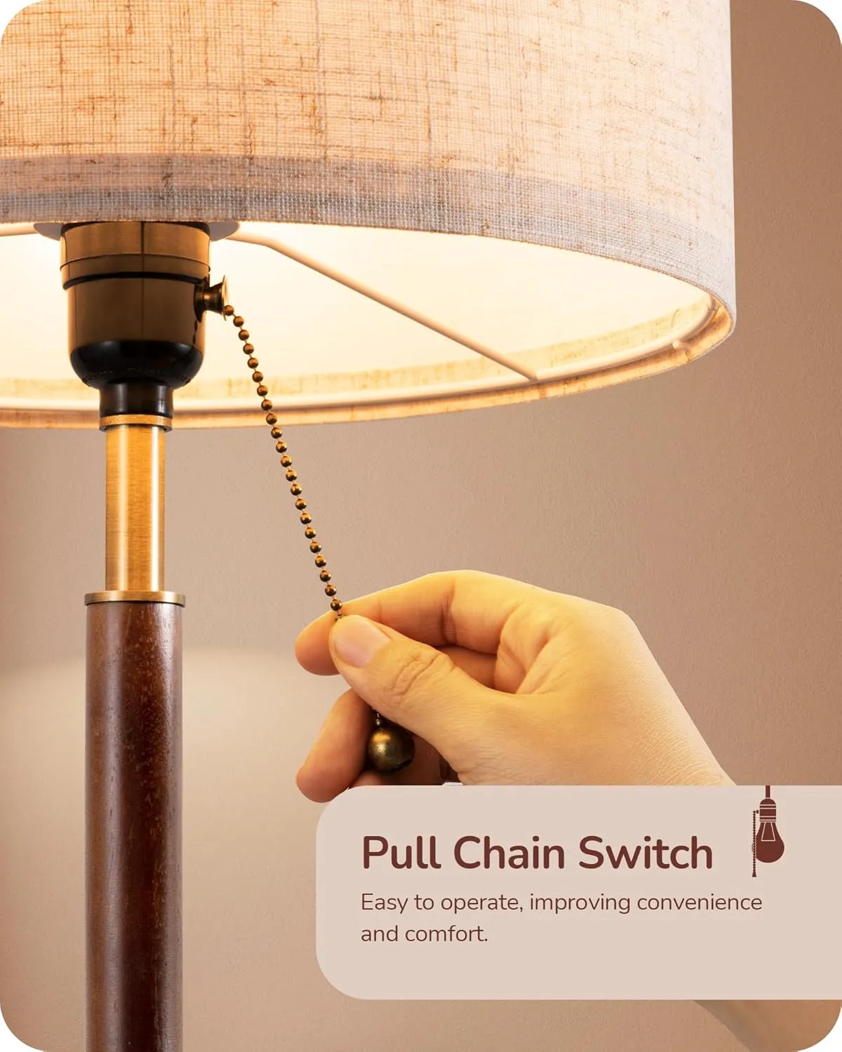 EDISHINE Mid Century Table Lamp Set of 2, Pull Chain Switch Bedside Lamp, Linen Shade, Solid Wood Pole & Bronze Brushed Metal Base, Modern Nightstand Lamp for Bedroom, Living Room, Office, E26 Base