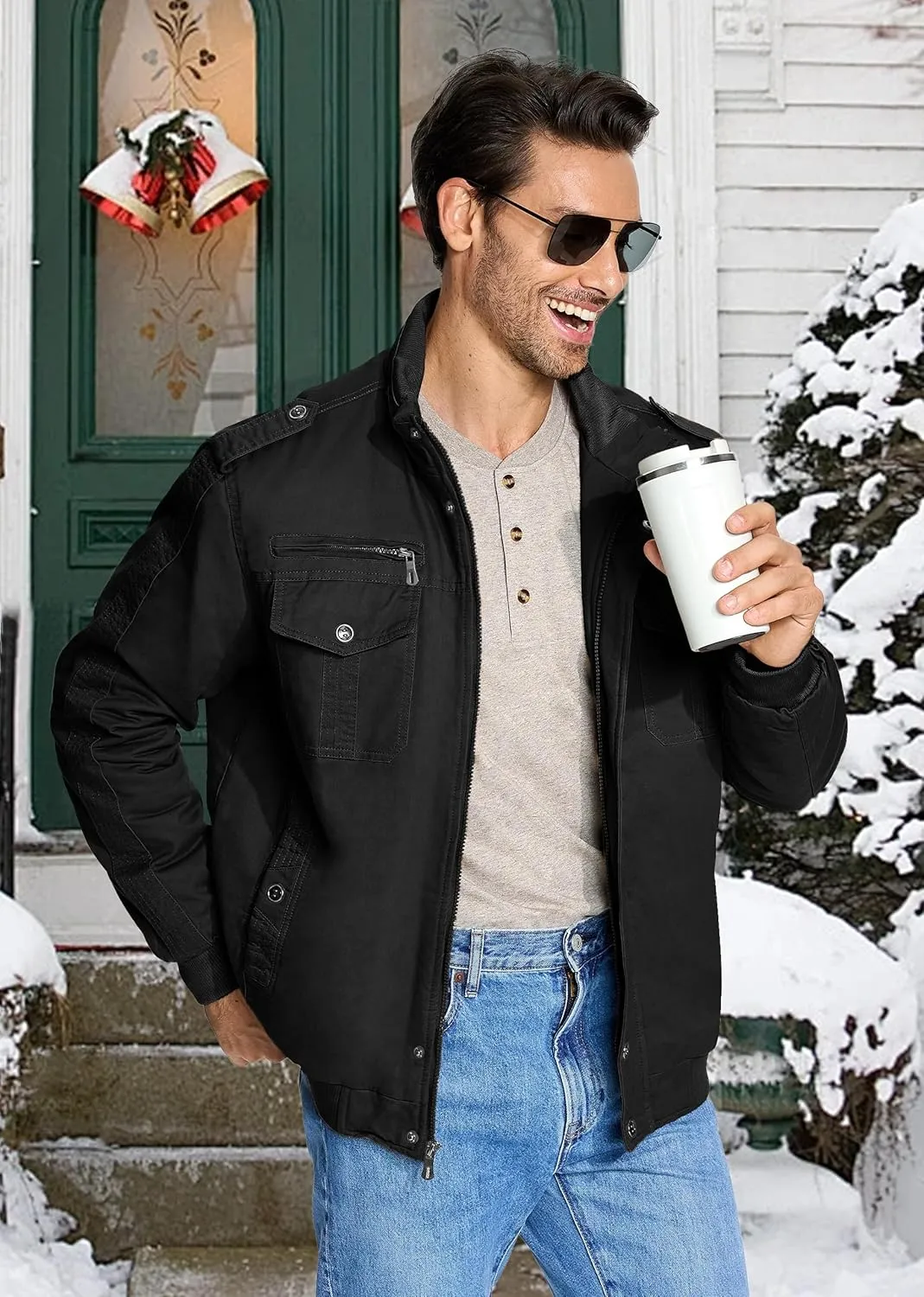 EKLENTSON Men's Thick Thermal Winter Jacket with Multi Pockets Zip Front Fleece Lined Military Jacket for Men