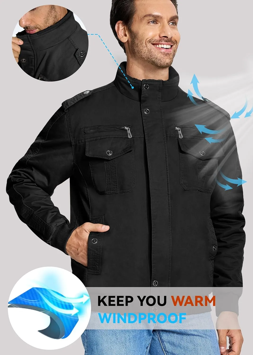 EKLENTSON Men's Thick Thermal Winter Jacket with Multi Pockets Zip Front Fleece Lined Military Jacket for Men
