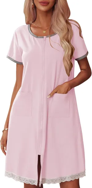 Ekouaer Womens Zipper Front Housecoats Short Sleeve Bathrobes Lace Trim Nightgown with Pockets