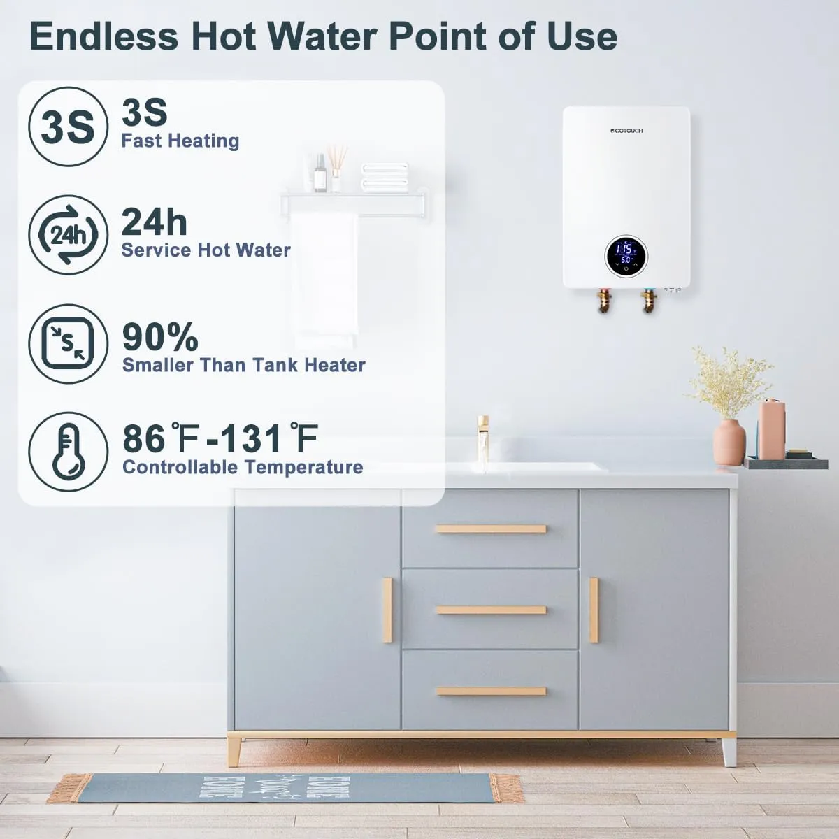 Electric Tankless Water Heater, ECOTOUCH 27kW on Demand Hot Water Heater Electric 240V Instant Tankless Hot Water Heaters Point of Use with ETL Certificated for Whole House Shower ECO270S