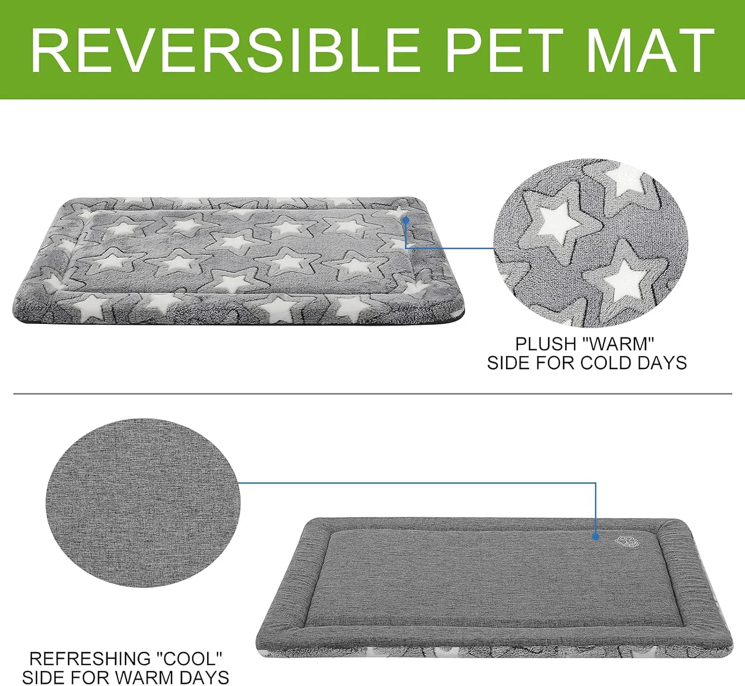 EMPSIGN Dog Crate Pad - Reversible Kennel Mat (Cool & Warm), Machine Washable, Cozy Star Pattern Sleeping Pad for Small Medium Large Dogs, All-Season Pet Bed, Suitable for 24"x18" Dog Crate, Grey