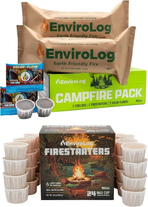 EnviroLog Campfire Pack & Firestarter Cups Bundle 2 Fire Logs, 26 Fire Starters, and 2 Color Flames - for Indoor or Outdoor Fireplace, Fire Pit, Bonfire, and Camping – Safe & Sustainable