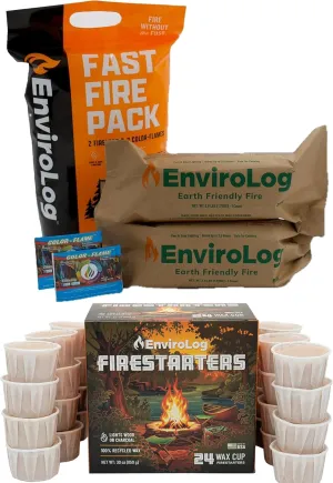 EnviroLog Fast Fire Pack & Firestarter Cups Bundle - Includes 24 Fire Starter Cups, 2 Fire Logs & 2 Color Flame Packets - for Indoor or Outdoor Fireplace, Fire Pit, Bonfire, and Camping - Safe and Sus