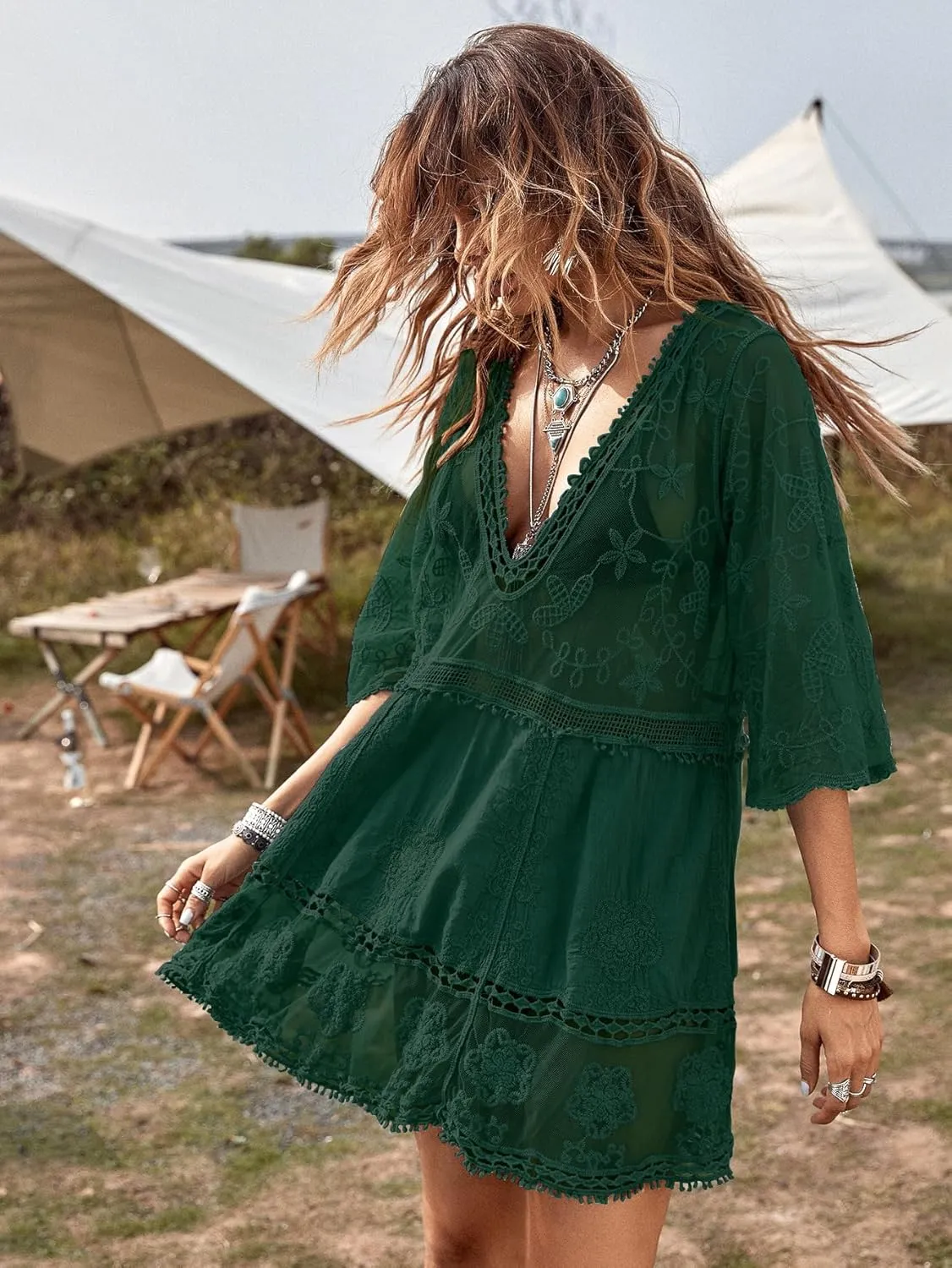 Eomenie Women's Contrast Lace Bathing Suit Cover Up V-Neck Swimsuit Coverups Loose Swimwear Beach Dress Beachwear