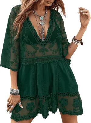Eomenie Women's Contrast Lace Bathing Suit Cover Up V-Neck Swimsuit Coverups Loose Swimwear Beach Dress Beachwear