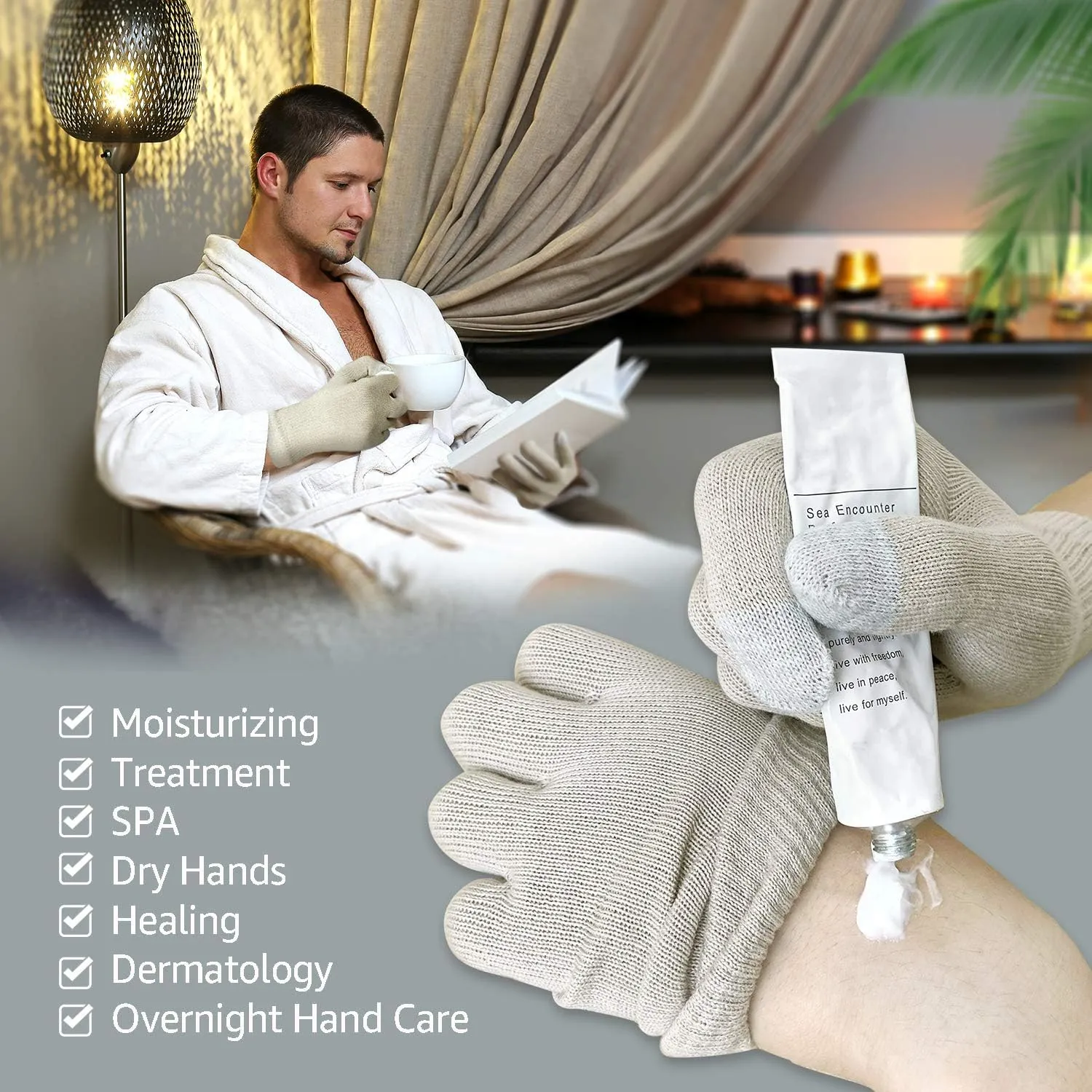 Evridwear Unisex Moisturizing Cotton Gloves with Touchscreen Fingertips for Eczema Beauty Cosmetic Dry Hands Sensitive Irritated Skin Therapy Overnight Bedtime, 6 Pairs, Lightweight-Beige, L/XL