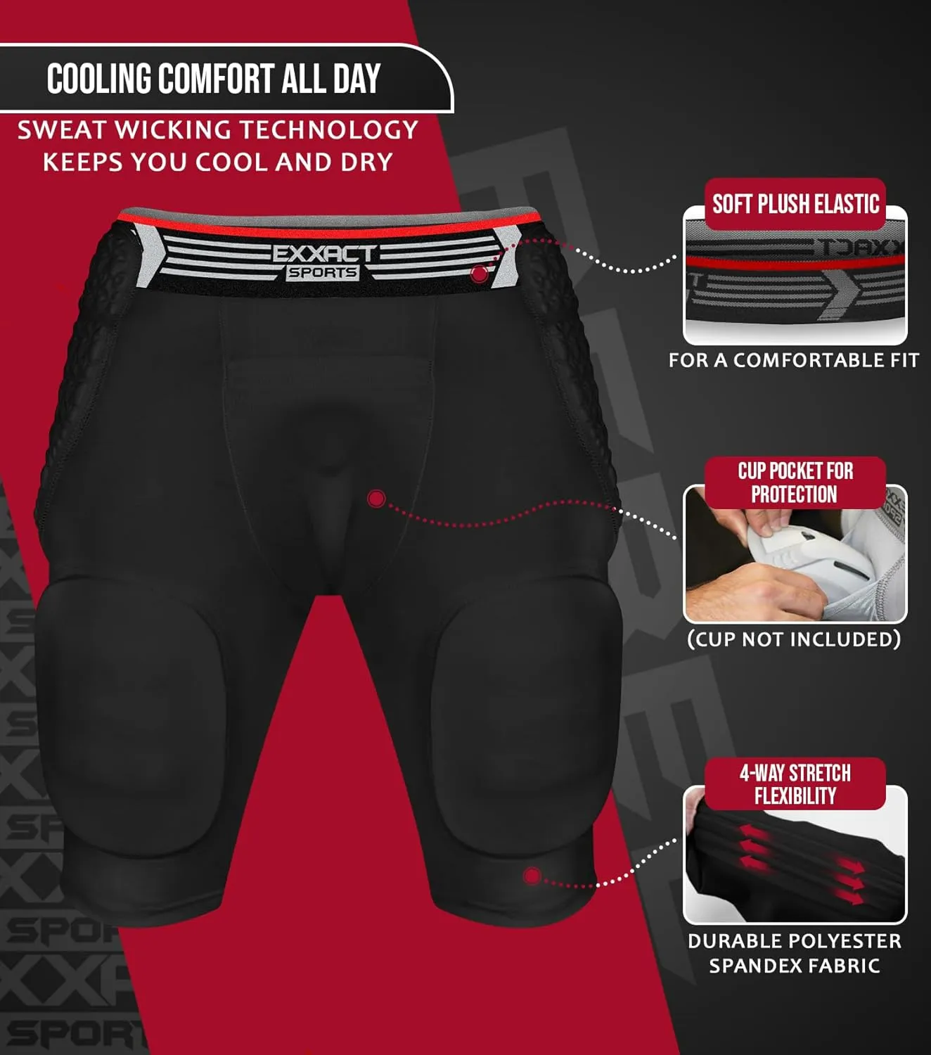 Exxact Sports Rebel 5-Pad Adult Football Girdle for Men with Cup Pocket, Lightweight Padded Compression Shorts with Integrated Hip, Thigh, Tailbone Pads, Men's Girdle Football
