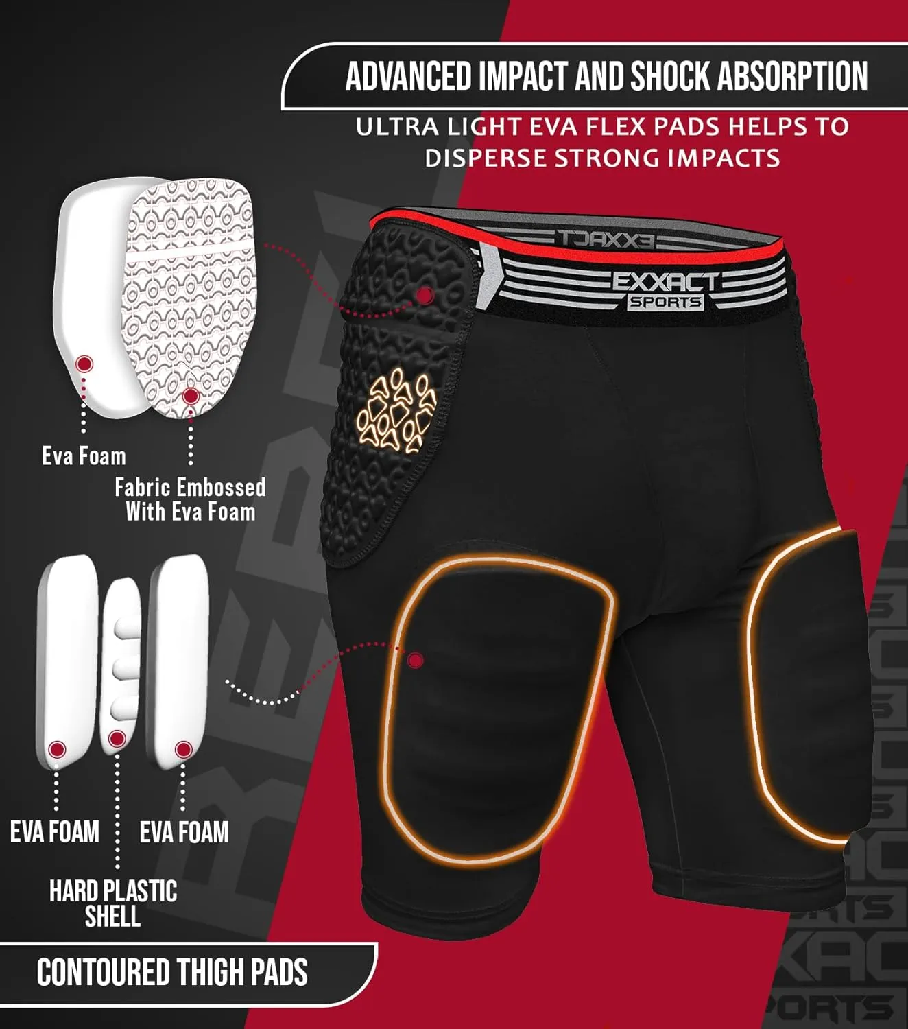 Exxact Sports Rebel 5-Pad Adult Football Girdle for Men with Cup Pocket, Lightweight Padded Compression Shorts with Integrated Hip, Thigh, Tailbone Pads, Men's Girdle Football