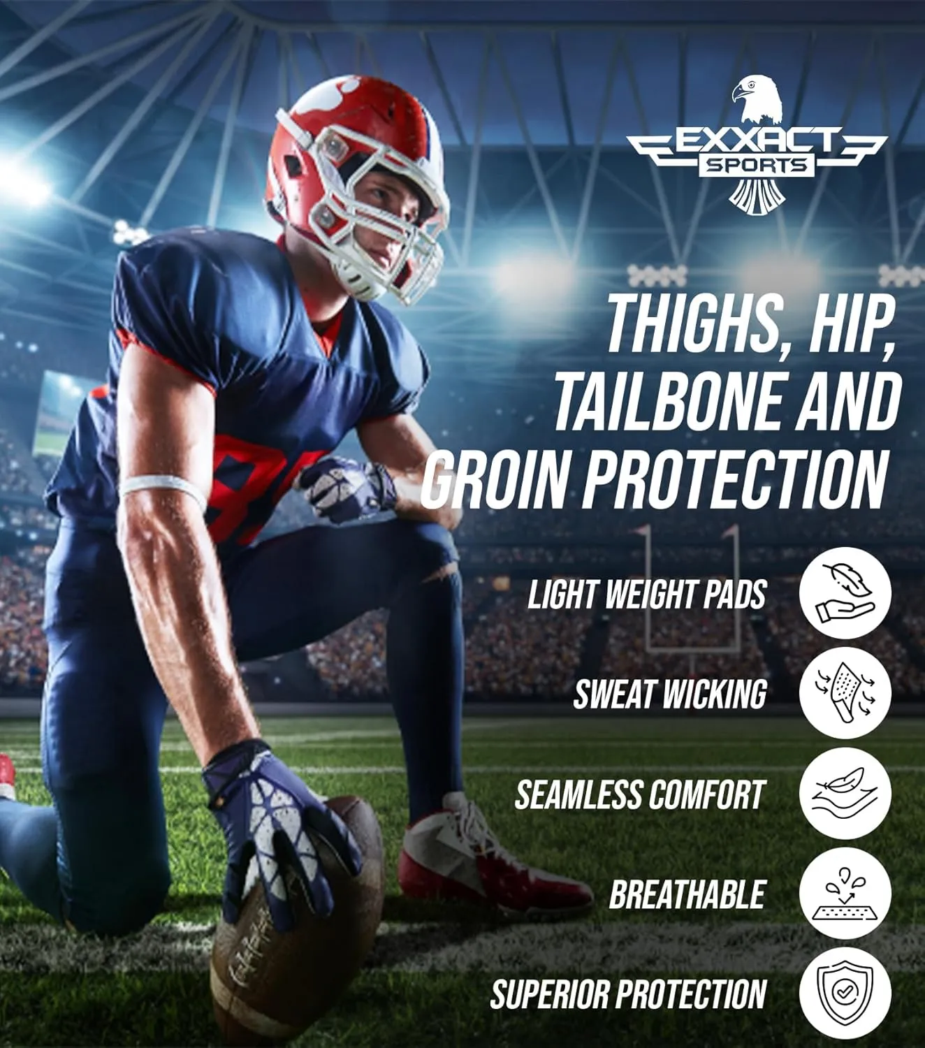 Exxact Sports Rebel 5-Pad Adult Football Girdle for Men with Cup Pocket, Lightweight Padded Compression Shorts with Integrated Hip, Thigh, Tailbone Pads, Men's Girdle Football