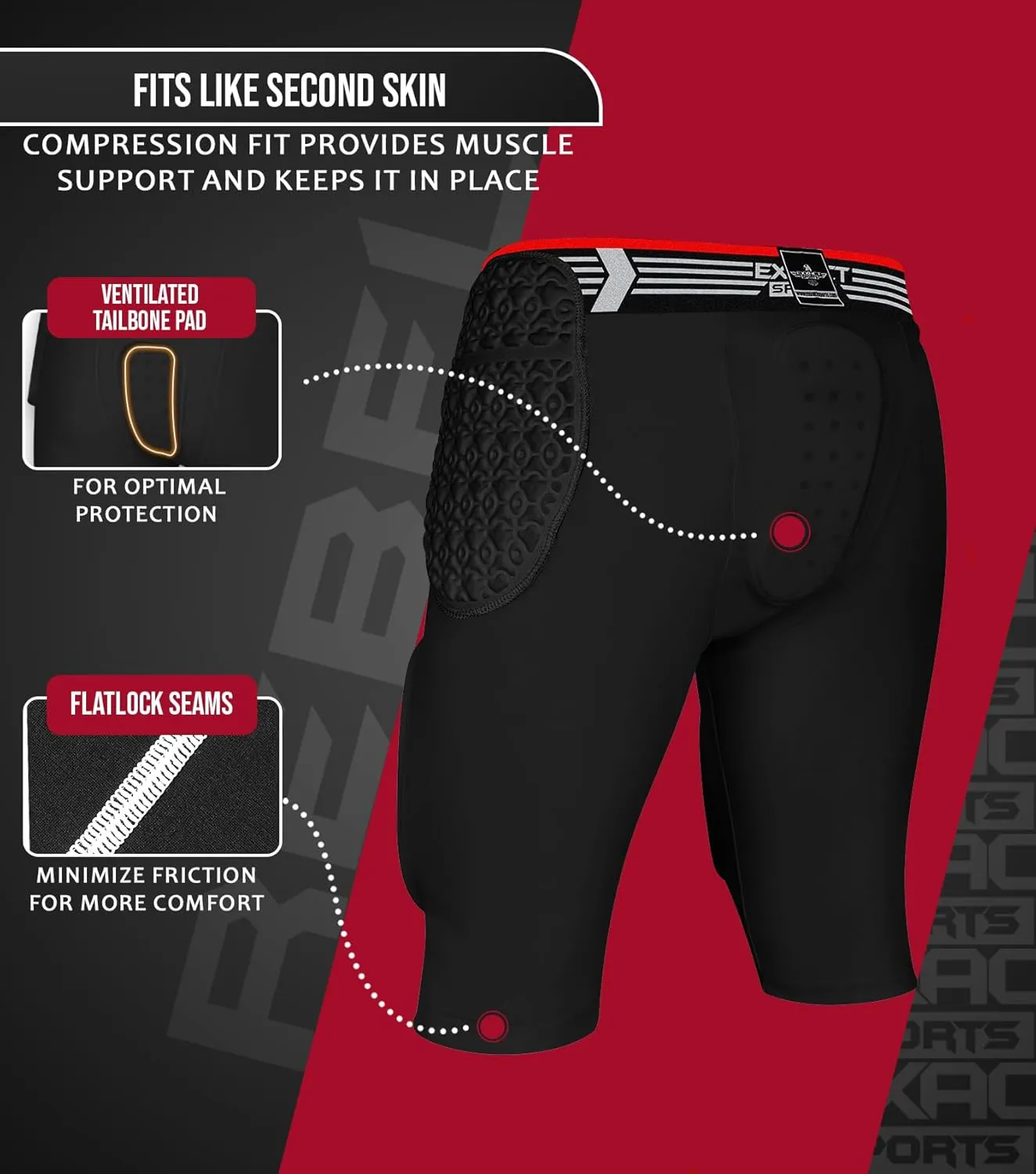 Exxact Sports Rebel 5-Pad Adult Football Girdle for Men with Cup Pocket, Lightweight Padded Compression Shorts with Integrated Hip, Thigh, Tailbone Pads, Men's Girdle Football