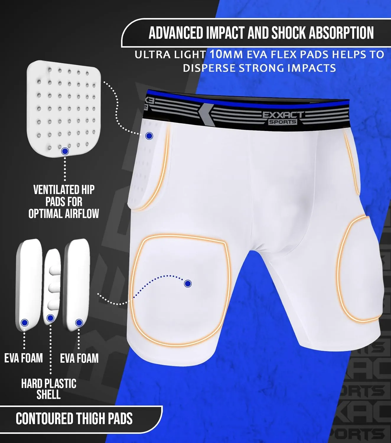 Exxact Sports Rebel 5-Pad Youth Football Girdle with Cup Pocket, Lightweight Padded Compression Shorts with Integrated Hip, Thigh, Tailbone Pads, Boys Girdle Football
