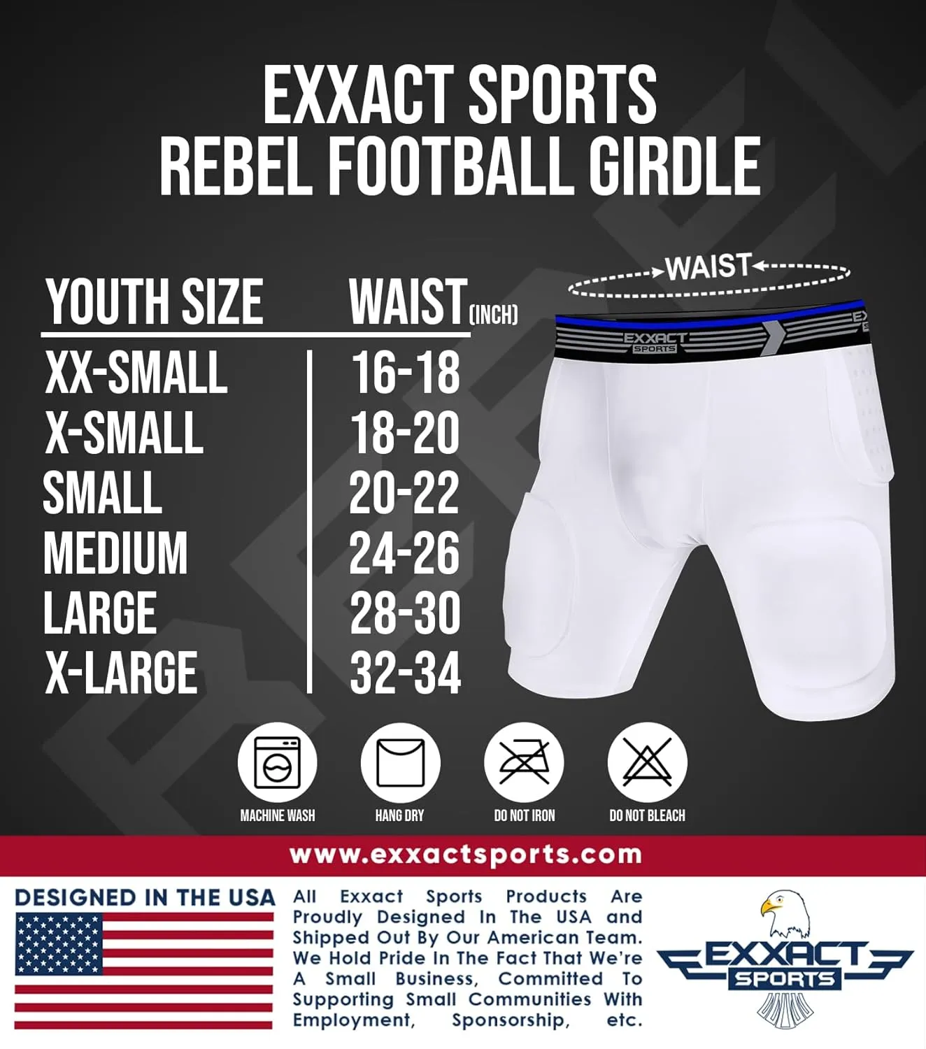 Exxact Sports Rebel 5-Pad Youth Football Girdle with Cup Pocket, Lightweight Padded Compression Shorts with Integrated Hip, Thigh, Tailbone Pads, Boys Girdle Football