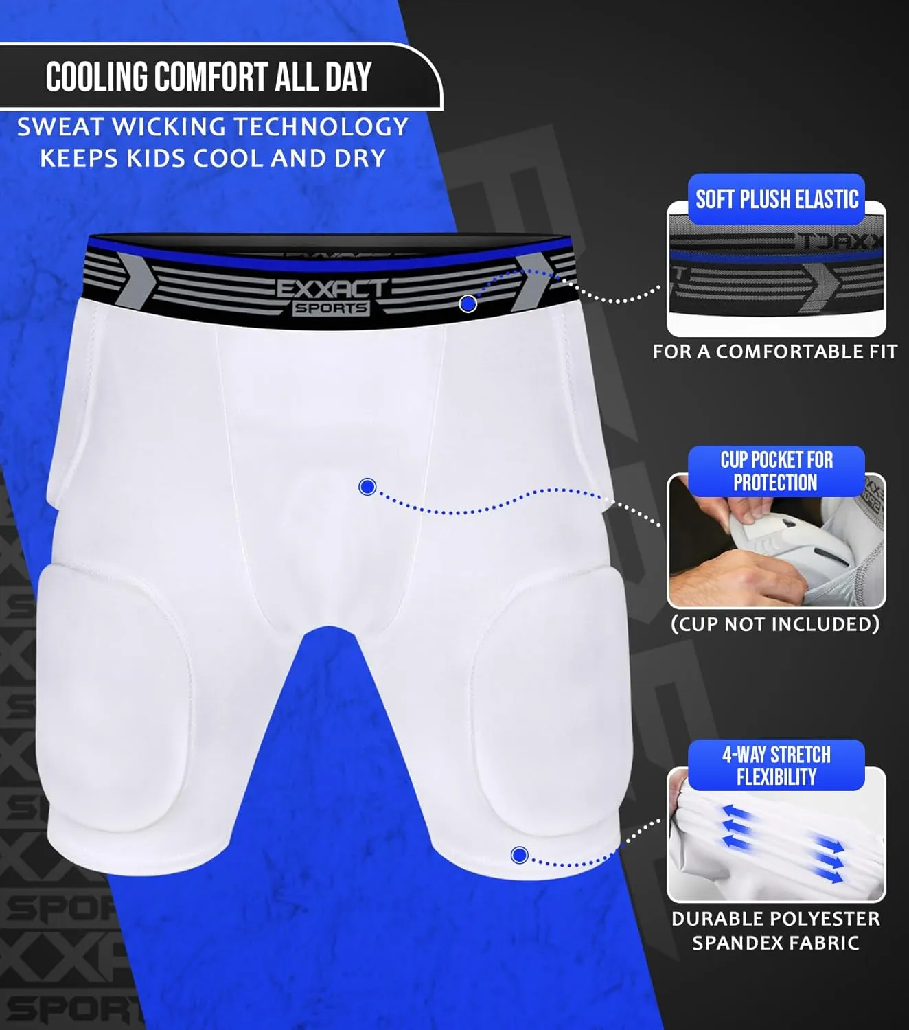 Exxact Sports Rebel 5-Pad Youth Football Girdle with Cup Pocket, Lightweight Padded Compression Shorts with Integrated Hip, Thigh, Tailbone Pads, Boys Girdle Football