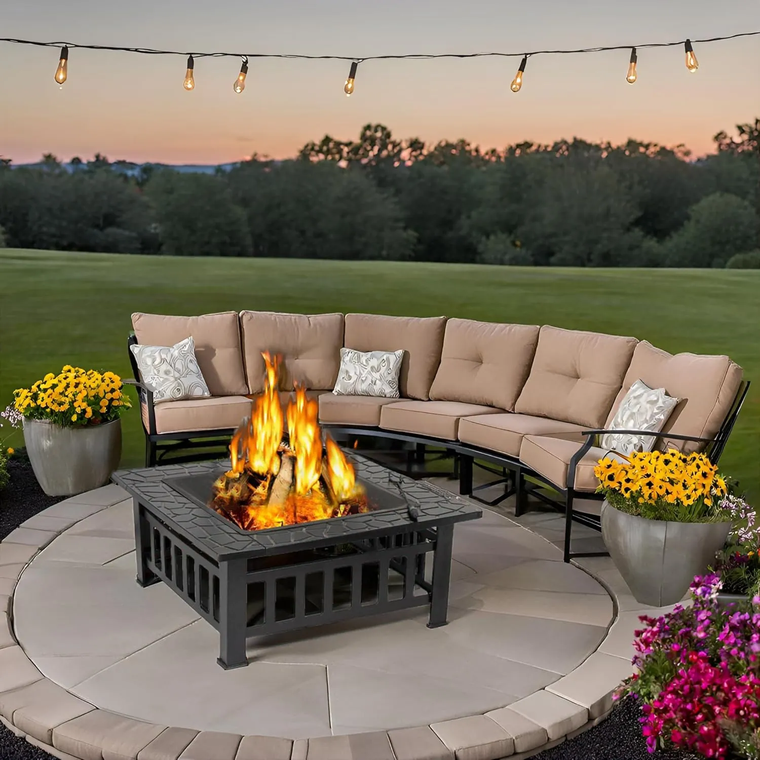 F2C 32 inch Outdoor Fire Pit Square Fireplace Metal Wood Burning Stove w/Waterproof Cover Poker, Patio Backyard Travel Camping BBQ Wood Burning