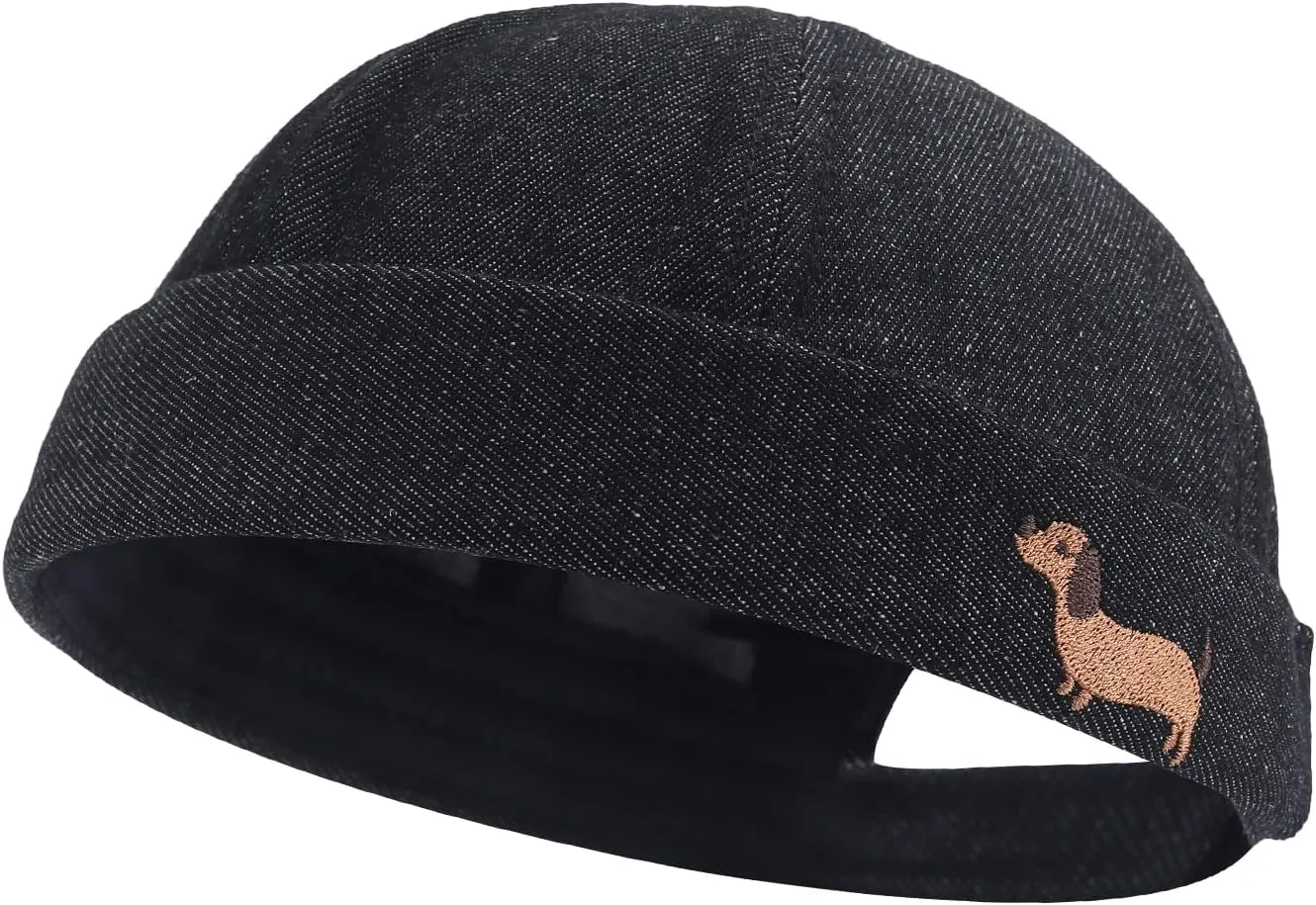 Fashion Denim Beanie Hat Vintage Docker Cap for Men Women Cute Dog Brimless Hat Cuff Sailor Cap