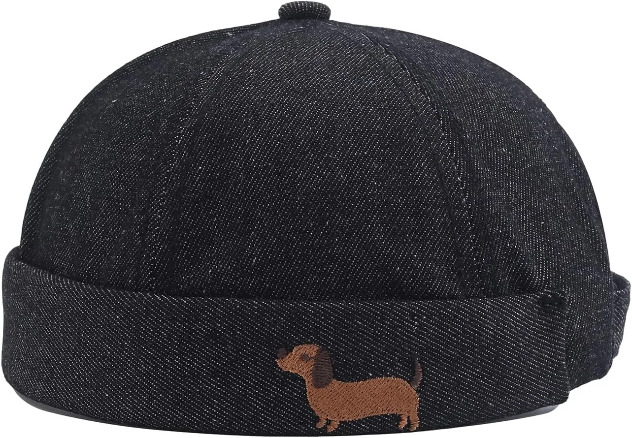 Fashion Denim Beanie Hat Vintage Docker Cap for Men Women Cute Dog Brimless Hat Cuff Sailor Cap
