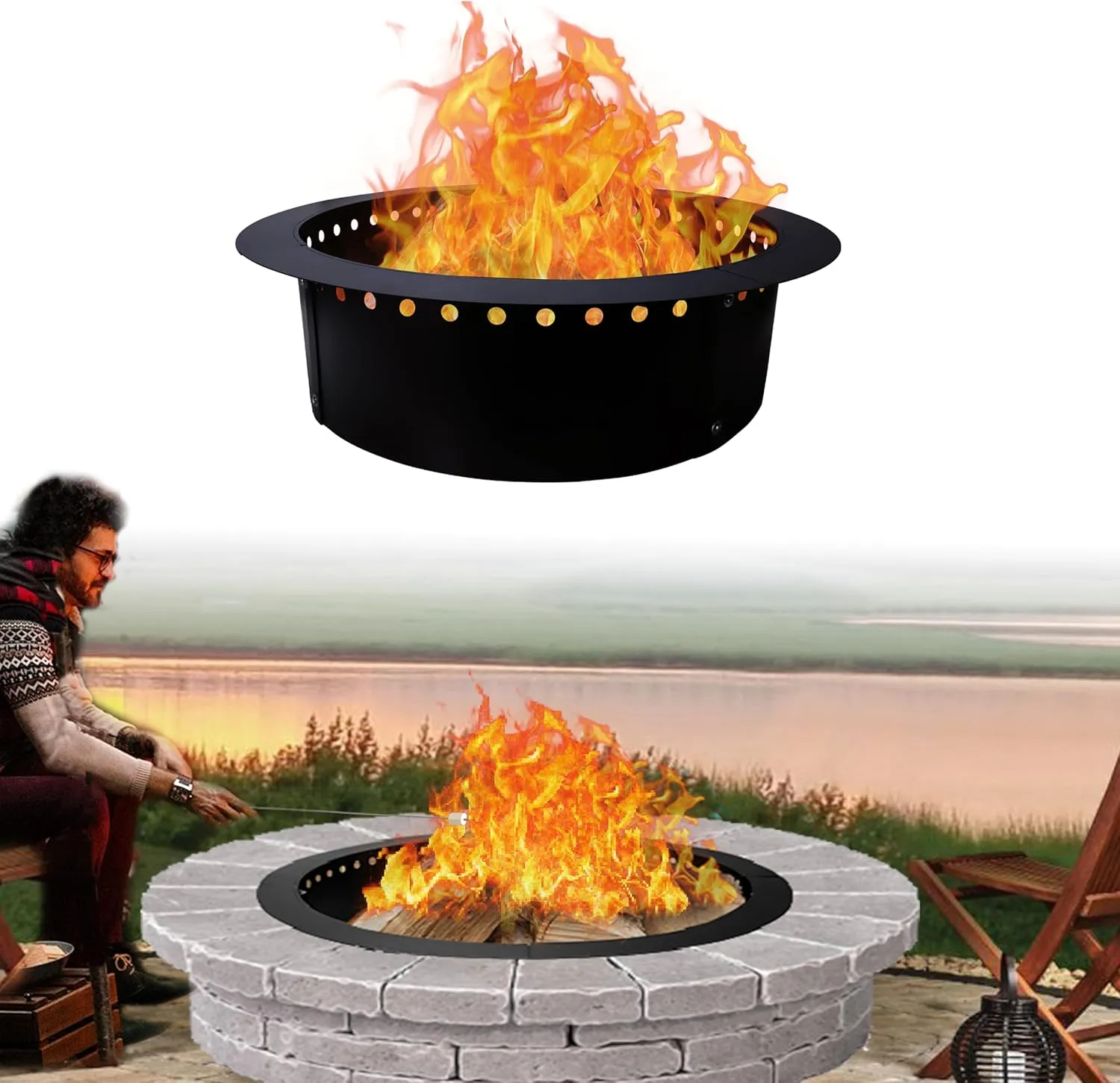 FEBTECH Smokeless Fire Pit Insert 42" - Round Steel Foldable Fire Pit Insert with Air Vents and Coller Support - DIY Fire Ring in or Above Ground for Patio Garden Outdoor Bonfire Camping Accessories