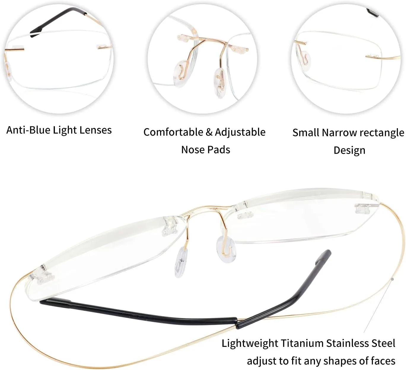 FEISEDY Lightweight Rimless Titanium Stainless Steel Anti-Blue Light Reading Glasses B2686