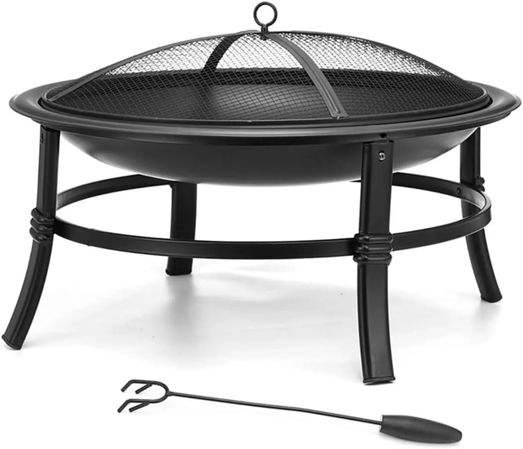Fire Pit for Outside 26 inch Firepit Outdoor Wood Burning Small Bonfire Pit BBQ Grill Pit Bowl with Spark Screen,Log Grate,Poker for Patio Camping Backyard Deck Picnic Porch