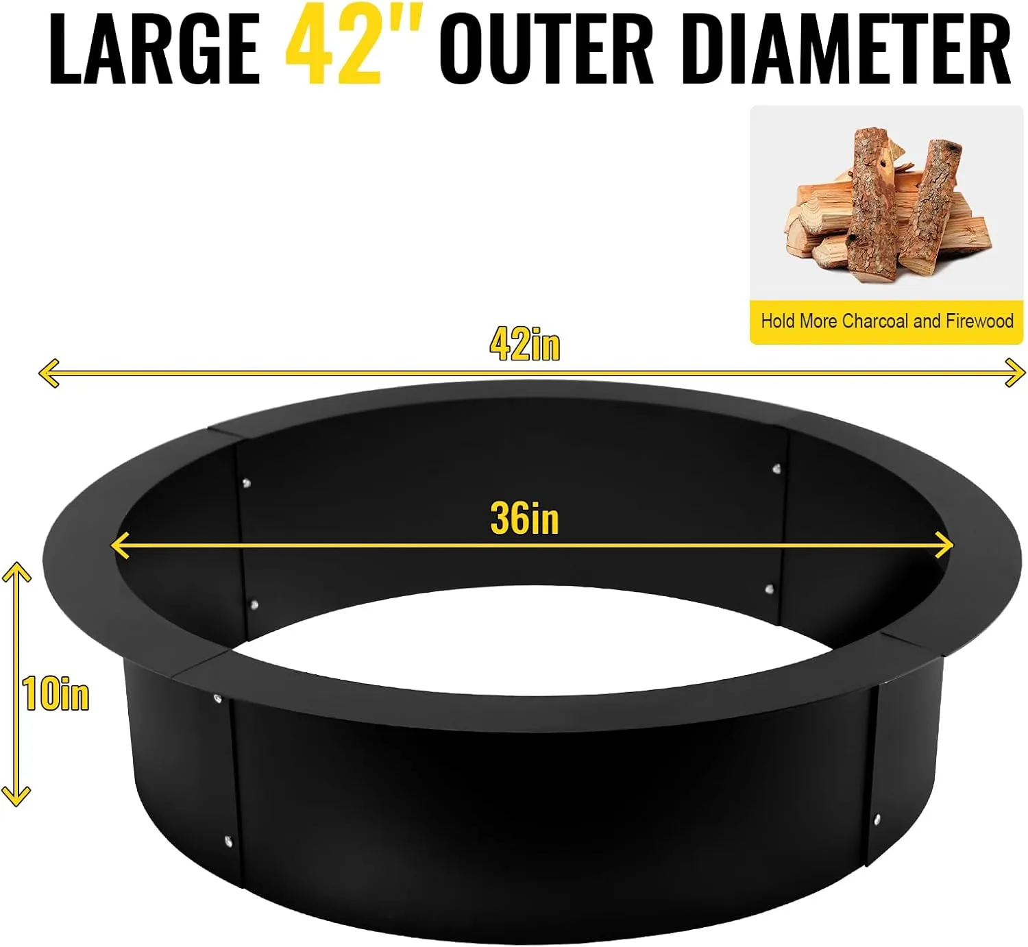 Fire Pit Ring 42x36x10 Inch, Smokeless Heavy Duty Solid Steel Fire Pit Liner, Insert DIY Campfire Ring for Camping Outdoors, Backyard Garden