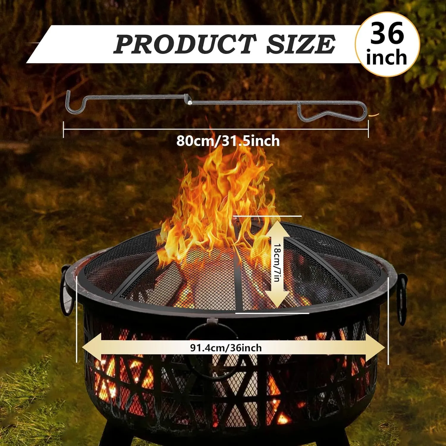 Fire Pit Spark Screen, 36 Inch Diameter Fire Pit Screen with Handle & Poker,Heavy Duty Metal Mesh Fire Pit Screen,Fire Pit Lid for Outdoor/Beach/RV Camping/Backyard