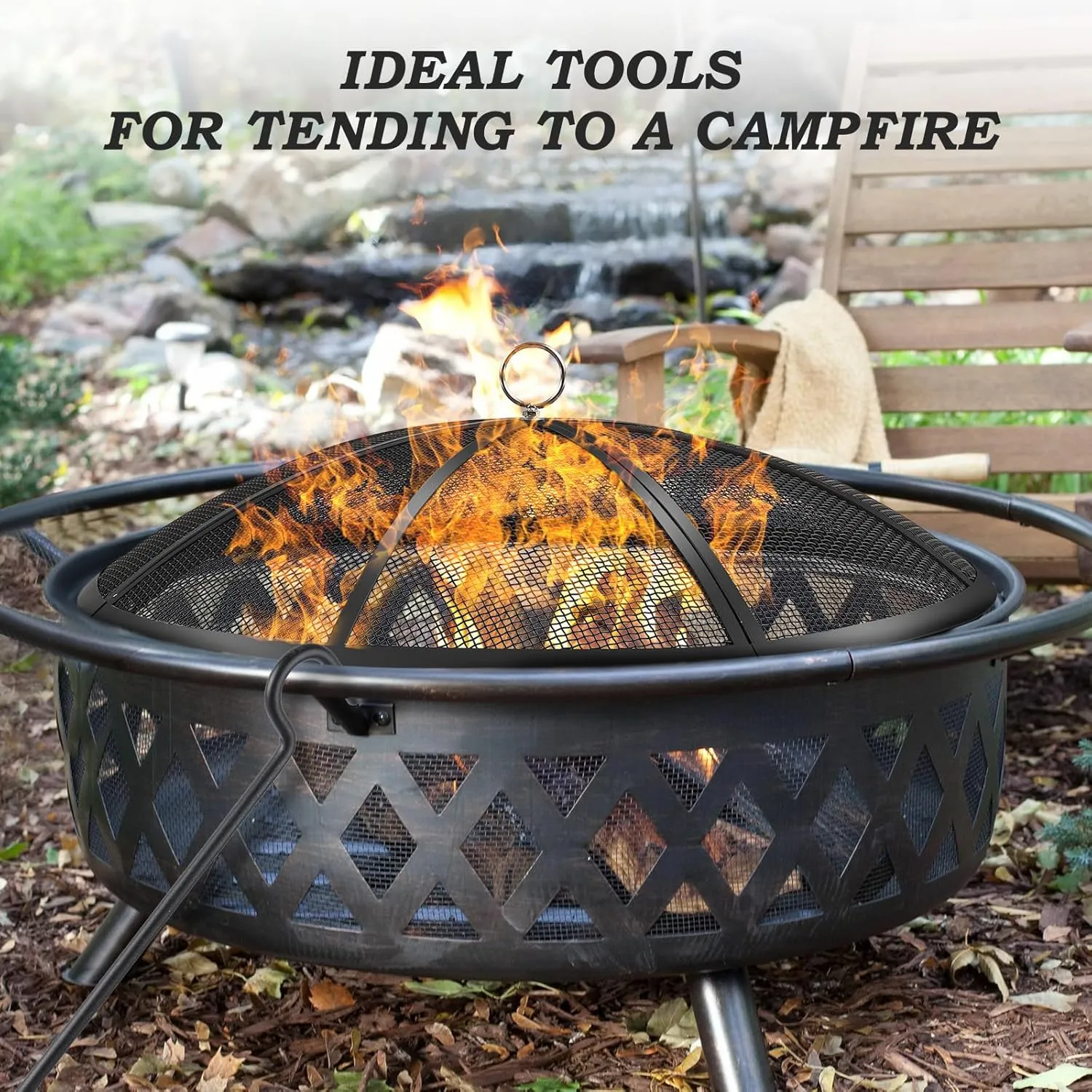 Fire Pit Spark Screen, 36 Inch Diameter Fire Pit Screen with Handle & Poker,Heavy Duty Metal Mesh Fire Pit Screen,Fire Pit Lid for Outdoor/Beach/RV Camping/Backyard